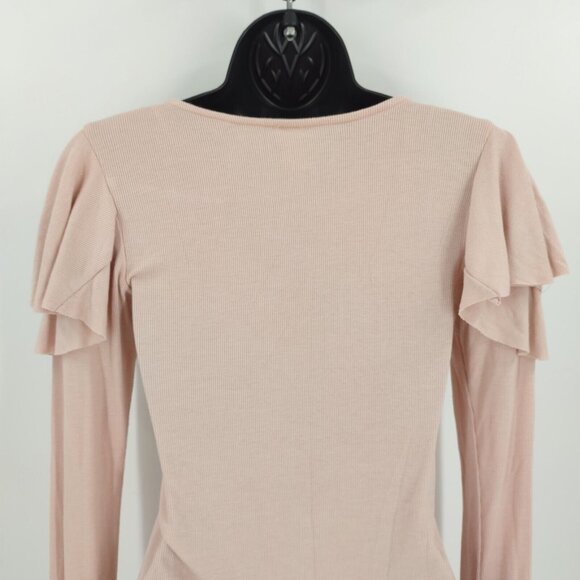 FP We The Free Sz XS Light Pink Round Neck Ruffle Shoulder Long Sleeve Casual T - Picture 6 of 8